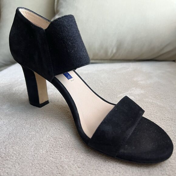 Stuart Weitzman Ezra 80 Black Suede Black Heel Sandal Women 5.5 Wide Strap Chic - Picture 2 of 13